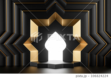 3d illustration of black and gold background with arch in islamic style 106824224