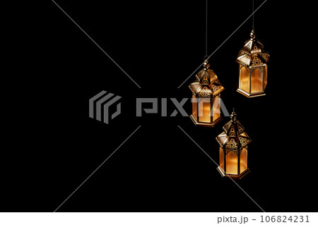 3d illustration of isolated Islamic background with ramadan lanterns isolated on black 106824231