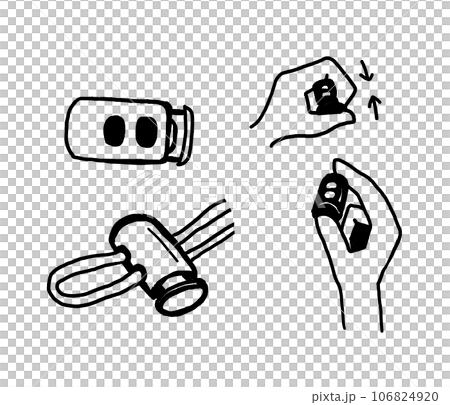 Illustration of a cord stopper (string stopper) alone, with a cord passed through it, and how it is pinched by hand during use Illustration of a cord stopper (string stopper) alone, with a cord passed through it, and how it is pinched by hand during use 106824920