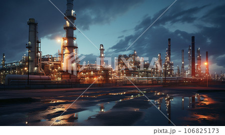 petrochemical and power plant. oil refinery with evening sky scene. energy business concept. AI Generated 106825173