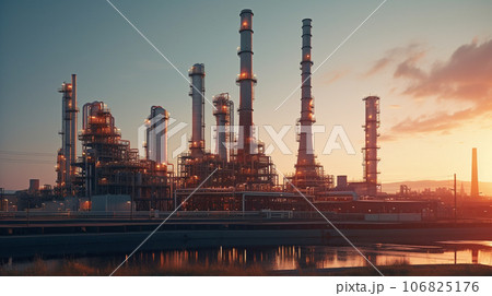 petrochemical and power plant. oil refinery with evening sky scene. energy business concept. AI Generated 106825176