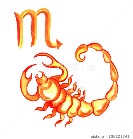 Scorpio. Zodiac sign by horoscope. The watercolor is hand-drawn. Artistic, color, colorized illustration. Isolate. For astrological forecasts, calendars, printed products. 106825241