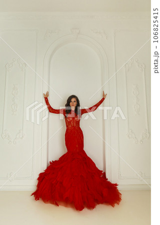 Portrait of a gorgeous young brunette woman in marsala red dress 106825415