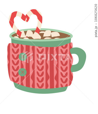 Winter Mug with Hot chocolate drink. Christmas Cup in knitted cosy holder. Cocoa with marshmallows, candy cane. Warming beverage, cacao. Flat vector illustration isolated on white background Winter Mug with Hot chocolate drink. Christmas Cup in knitted cosy holder. Cocoa with marshmallows, candy cane. Warming beverage, cacao. Flat vector illustration isolated on white background 106825620