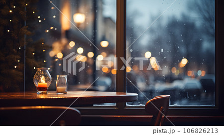 Restaurant ambient with blurred background view outside windows. Cafe with table in clam and warm surrounding. Restaurant ambient with blurred background view outside windows. Cafe with table in clam and warm surrounding. 106826213