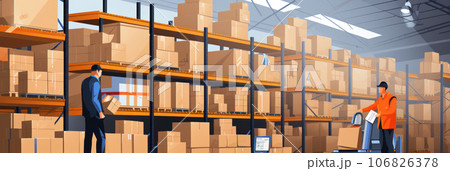 Warehouse worker checking the barcode of parcels 106826378