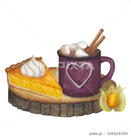 Autumn composition pumpkin pie cream, cup of cocoa latte chocolate, marshmallow, physalis. Thanksgiving Day. Hand draw watercolor illustration isolated on white background 106826500