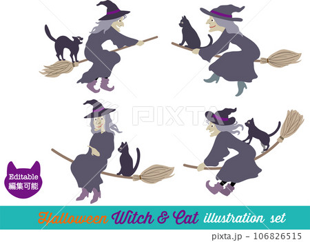 黒い服で黒猫と箒に乗って空を飛ぶ悪い魔女のかわいいおしゃれなベクターイラストセット 106826515