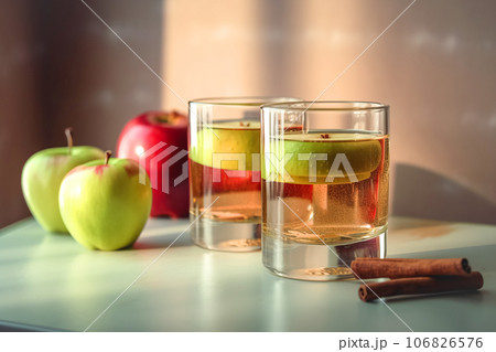 Seasonal drink cider from ripe apples, apple wine in small glasses and bottles on kitchen table Seasonal drink cider from ripe apples, apple wine in small glasses and bottles on kitchen table 106826576