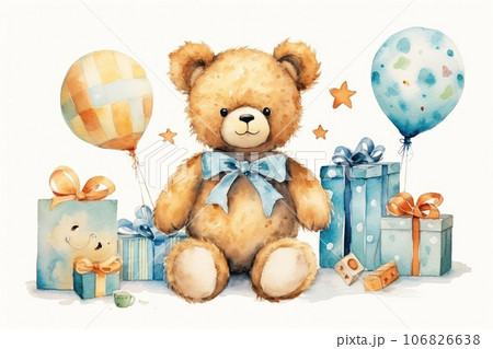 Funny bear with gifts, flowers and balloons Funny bear with gifts, flowers and balloons 106826638