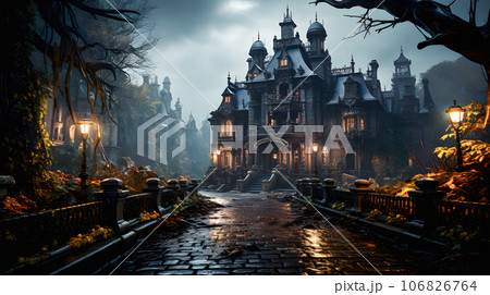 Old haunted abandoned mansion in spooky night atmosphere Old haunted abandoned mansion in spooky night atmosphere 106826764