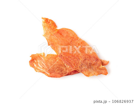 Meat Jerky Isolated, Dry Salted Chicken Slices, Small Pieces of Dehydrated Beef, Beer Snacks, Dried Pork Meat Jerky Isolated, Dry Salted Chicken Slices, Small Pieces of Dehydrated Beef, Beer Snacks, Dried Pork 106826937