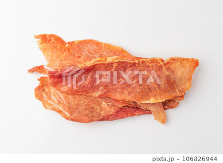 Meat Jerky Isolated, Dry Salted Chicken Slices, Small Pieces of Dehydrated Beef, Beer Snacks, Dried Pork Meat Jerky Isolated, Dry Salted Chicken Slices, Small Pieces of Dehydrated Beef, Beer Snacks, Dried Pork 106826944