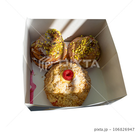 Doughnuts in Paper Box, Fruit Raspberry Donut, Pistachio Croissant Collection Doughnuts in Paper Box, Fruit Raspberry Donut, Pistachio Croissant Collection 106826947