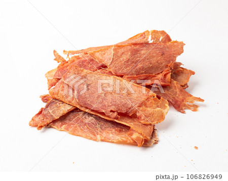 Meat Jerky Isolated, Dry Salted Chicken Slices, Small Pieces of Dehydrated Beef, Beer Snacks, Dried Pork Meat Jerky Isolated, Dry Salted Chicken Slices, Small Pieces of Dehydrated Beef, Beer Snacks, Dried Pork 106826949