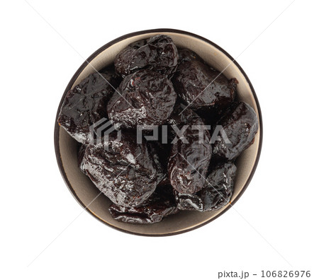 Dry Plums Isolated, Dried Black Fruits, Prune Group, Dry Plum Fruit on White Background 106826976