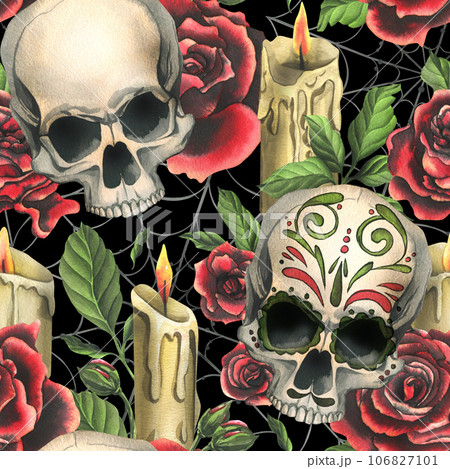 Human skulls with an ornament, red roses, candles and cobwebs. Hand drawn watercolor illustration for Halloween, day of the dead, Dia de los muertos. Seamless pattern on black background Human skulls with an ornament, red roses, candles and cobwebs. Hand drawn watercolor illustration for Halloween, day of the dead, Dia de los muertos. Seamless pattern on black background 106827101