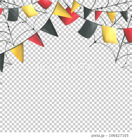 garlands with red, black and yellow flags are square and triangular with cobwebs. Hand drawn watercolor illustration for day of the dead, halloween, Dia de los muertos. Template on white background. garlands with red, black and yellow flags are square and triangular with cobwebs. Hand drawn watercolor illustration for day of the dead, halloween, Dia de los muertos. Template on white background. 106827105