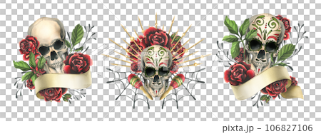 Human skulls with hand drawn ornament with ribbon for text, red roses. Hand drawn watercolor illustration for Halloween, day of the dead, Dia de los muertos. Set of compositions on a white background Human skulls with hand drawn ornament with ribbon for text, red roses. Hand drawn watercolor illustration for Halloween, day of the dead, Dia de los muertos. Set of compositions on a white background 106827106