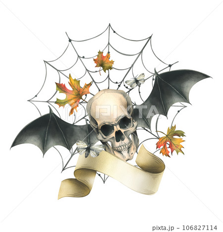 Human skull with bat wings, moth, paper scroll, witch hat, cobweb and autumn maple leaves. Hand drawn watercolor illustration for Halloween. Isolated composition on a white background 106827114