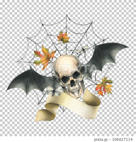 Human skull with bat wings, moth, paper scroll, witch hat, cobweb and autumn maple leaves. Hand drawn watercolor illustration for Halloween. Isolated composition on a white background 106827114