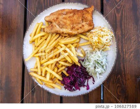Traditional Polish Chop, Breaded Cutlet, Roasted Pork Steak in Breadcrumbs with Fresh Cabbage Salads Traditional Polish Chop, Breaded Cutlet, Roasted Pork Steak in Breadcrumbs with Fresh Cabbage Salads 106827589