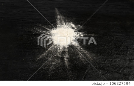 Flour Texture Background, Wheat Flour Pattern with Copy Space, Bakery Banner Mockup, Black Table Plate Flour Texture Background, Wheat Flour Pattern with Copy Space, Bakery Banner Mockup, Black Table Plate 106827594