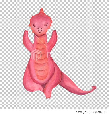 Red dragon meditating and practicing Vrikshasana. Animal doing yoga exercises. Cartoon dragon, tree pose, Vrksasana, Vriksasana. Watercolor illustration 106828286