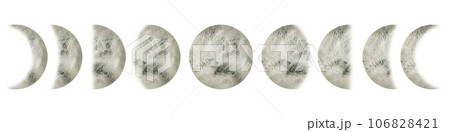 Moon Phases set. Watercolor illustration of full Luna and crescent. Hand drawn clipart of lunar cycle on isolated background. Bundle of celestial elements. Moonlight sketch for border and card design. Moon Phases set. Watercolor illustration of full Luna and crescent. Hand drawn clipart of lunar cycle on isolated background. Bundle of celestial elements. Moonlight sketch for border and card design. 106828421