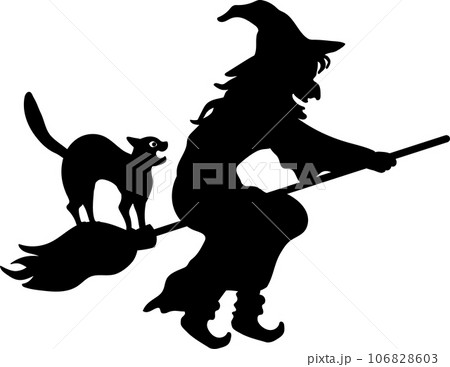 黒い服で黒猫と箒に乗って空を飛ぶ悪い魔女のかわいいおしゃれなシルエット背景用ベクターイラスト 右向き 106828603