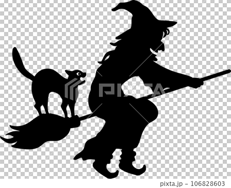 Cute fashionable silhouette of a black cat in black clothes and a bad witch flying in the sky on a broomstick, vector illustration for background, facing right 106828603
