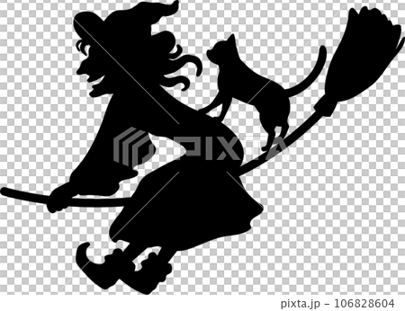 一隻穿著黑衣服的黑貓和一個騎著掃帚在天空中飛翔的壞女巫的可愛時尚剪影背景矢量插圖，面向左側 106828604