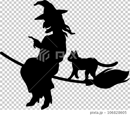 一隻穿著黑衣服的黑貓和一個騎著掃帚在天空中飛翔的壞女巫的可愛時尚剪影背景矢量插圖，面向左側 106828605