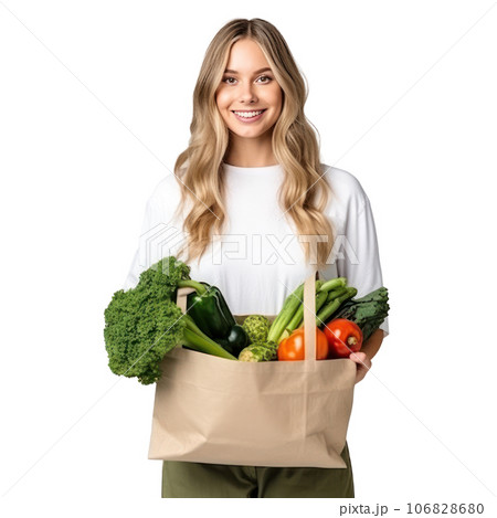 Woman with paper bag with vegetables Woman with paper bag with vegetables 106828680