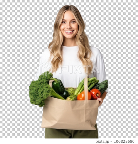 Woman with paper bag with vegetables Woman with paper bag with vegetables 106828680