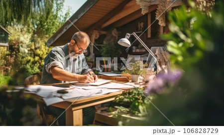 Architect working with laptop and blueprint in home garden in summer Architect working with laptop and blueprint in home garden in summer 106828729