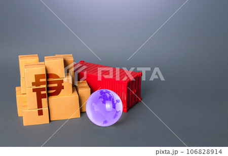 Boxes of goods and philippine peso symbol. World trade economy. Production, warehousing storage and shipping logistics worldwide. Manufacture freight and sale of products. Business globalization 106828914