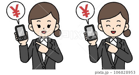 スマホを片手にオサイフケータイの説明をするスーツの女性のセット スマホを片手にオサイフケータイの説明をするスーツの女性のセット 106828953