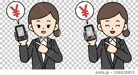 スマホを片手にオサイフケータイの説明をするスーツの女性のセット スマホを片手にオサイフケータイの説明をするスーツの女性のセット 106828953
