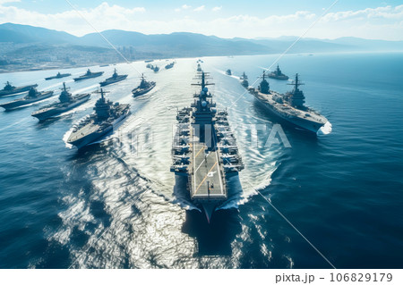 Modern military naval warships in open sea. Military naval exercises Modern military naval warships in open sea. Military naval exercises 106829179