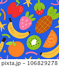 Tropical fruits pattern, pineapple, banana and strawberry illustrations, bright colorful print with bold drawings, seamless vector background, repeat tile 106829278