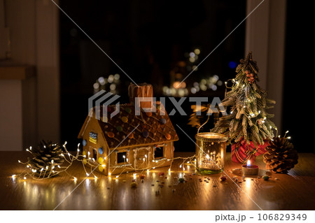 christmas decoration ginger bread house and fir tree christmas decoration ginger bread house and fir tree 106829349