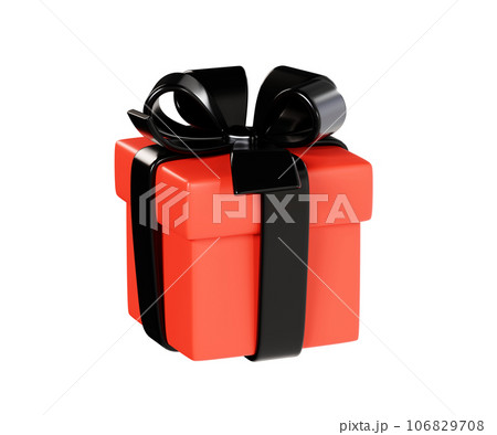 Red closed gift box with black ribbon and bow 3d render illustration - present package for congratulation or bonus concept. Surprise pack - black friday sale and promotion element. 106829708