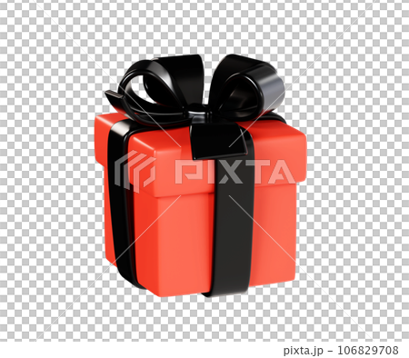 Red closed gift box with black ribbon and bow 3d render illustration - present package for congratulation or bonus concept. Surprise pack - black friday sale and promotion element. 106829708