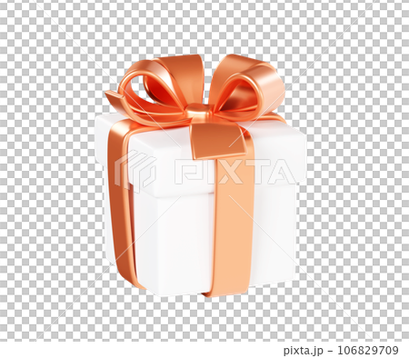 White closed gift box with bronze ribbon and bow 3d render illustration - present package for congratulation or bonus concept. Surprise pack - Christmas or winner greeting and reward design element. 106829709