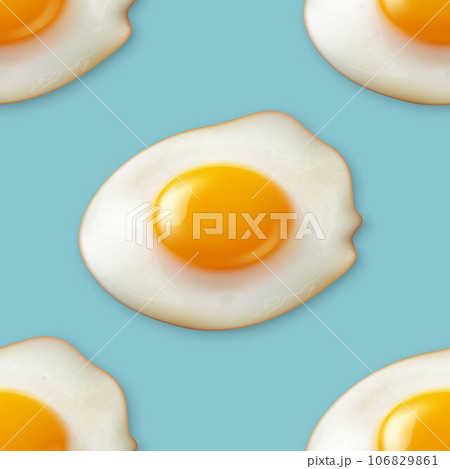 Vector Seamless Pattern with Realistic Fried Egg, Omelet on a Blue Background. Healthy Breakfast, Protein Food, Diet Meal Concept. Design Template Vector Seamless Pattern with Realistic Fried Egg, Omelet on a Blue Background. Healthy Breakfast, Protein Food, Diet Meal Concept. Design Template 106829861