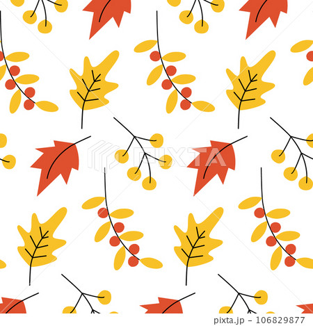Vector Seamless pattern with colorful leaves and twigs with seasonal berries in trendy autumn shades Vector Seamless pattern with colorful leaves and twigs with seasonal berries in trendy autumn shades 106829877