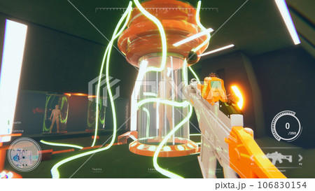 Shooter videogame with player reaching final level, using crosshair overlay to target enemy in dark industrial setting. Gamer in science fiction first person shooter game fighting final boss 106830154