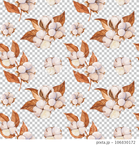 watercolor seamless pattern with cotton buds and dry leaves. Realistic botanical background for invitation,Holiday Winter Set, New Year clipart, decorations, Greeting card 106830172