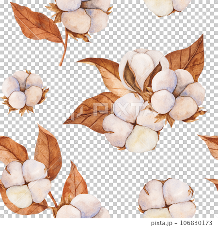 watercolor seamless pattern with cotton buds and dry leaves. Realistic botanical background for invitation,Holiday Winter Set, New Year clipart, decorations, Greeting card 106830173